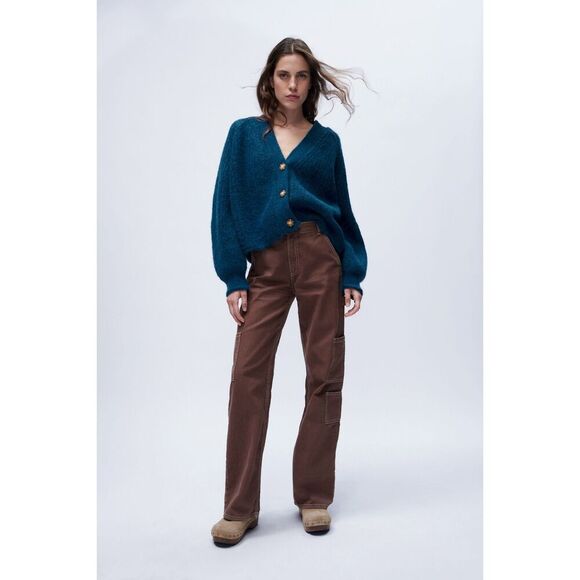 Teal Blue Zara Chunky Knit Button Front V-Neck Cardigan Sweater (NWT) - Picture 3 of 13